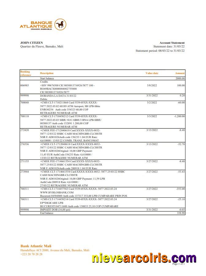 Mali Banque Atlantiaque bank statement